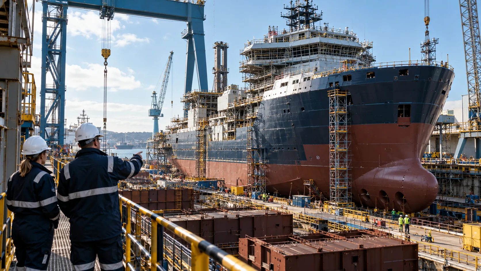 Two engineers in safety helmets reviewing a vessel under construction in a shipyard