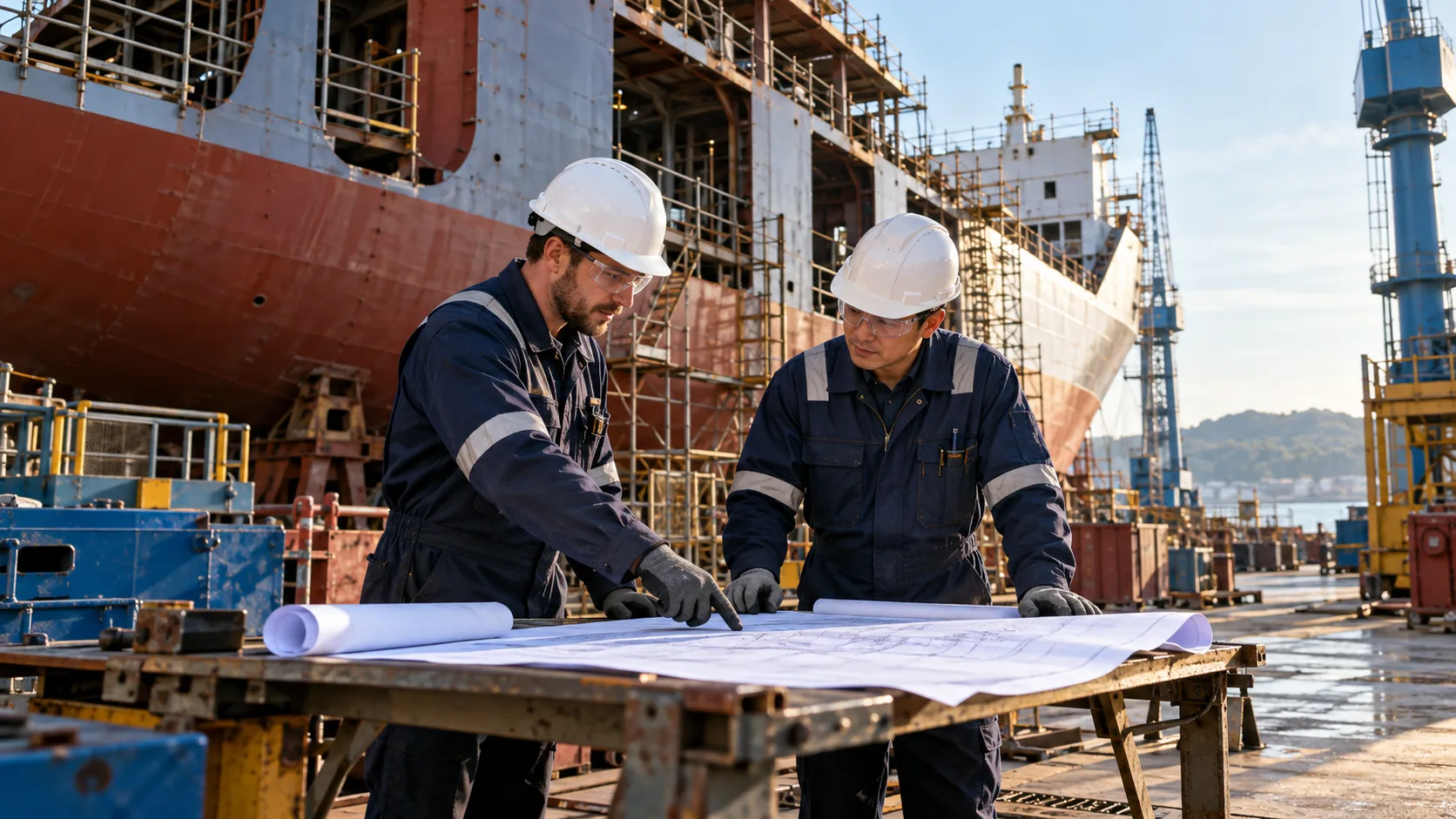Two supervisors reviewing construction drawings beside a vessel in a shipyard
