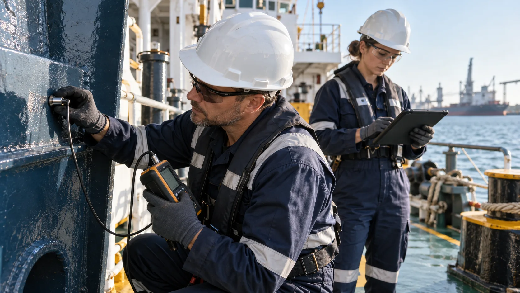 Surveyor taking ultrasonic thickness measurements on a vessel's hull