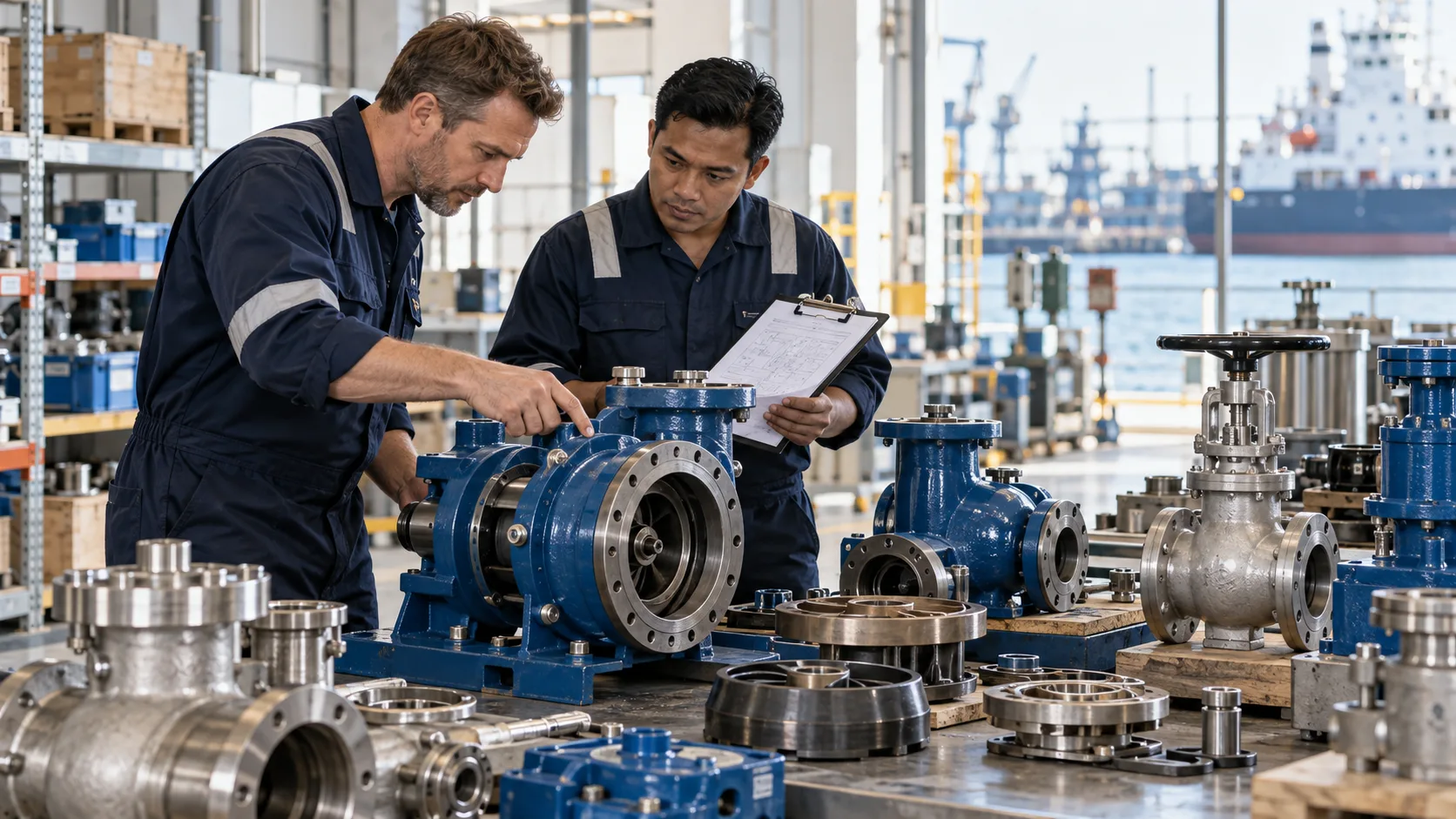 Two engineers inspecting marine pumps and valves against a checklist