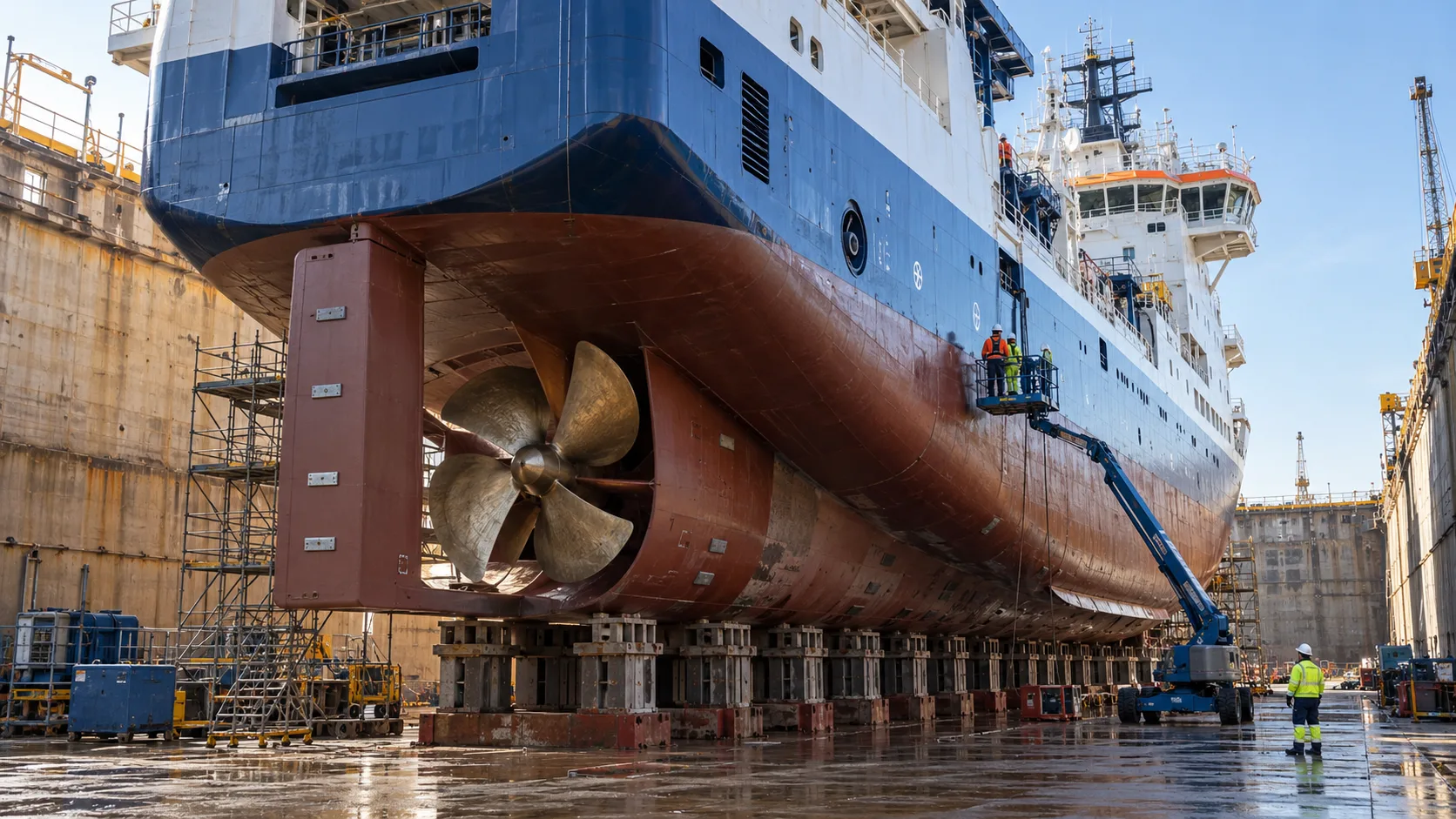 Offshore vessel in dry dock with propeller and rudder exposed and workers on access platforms