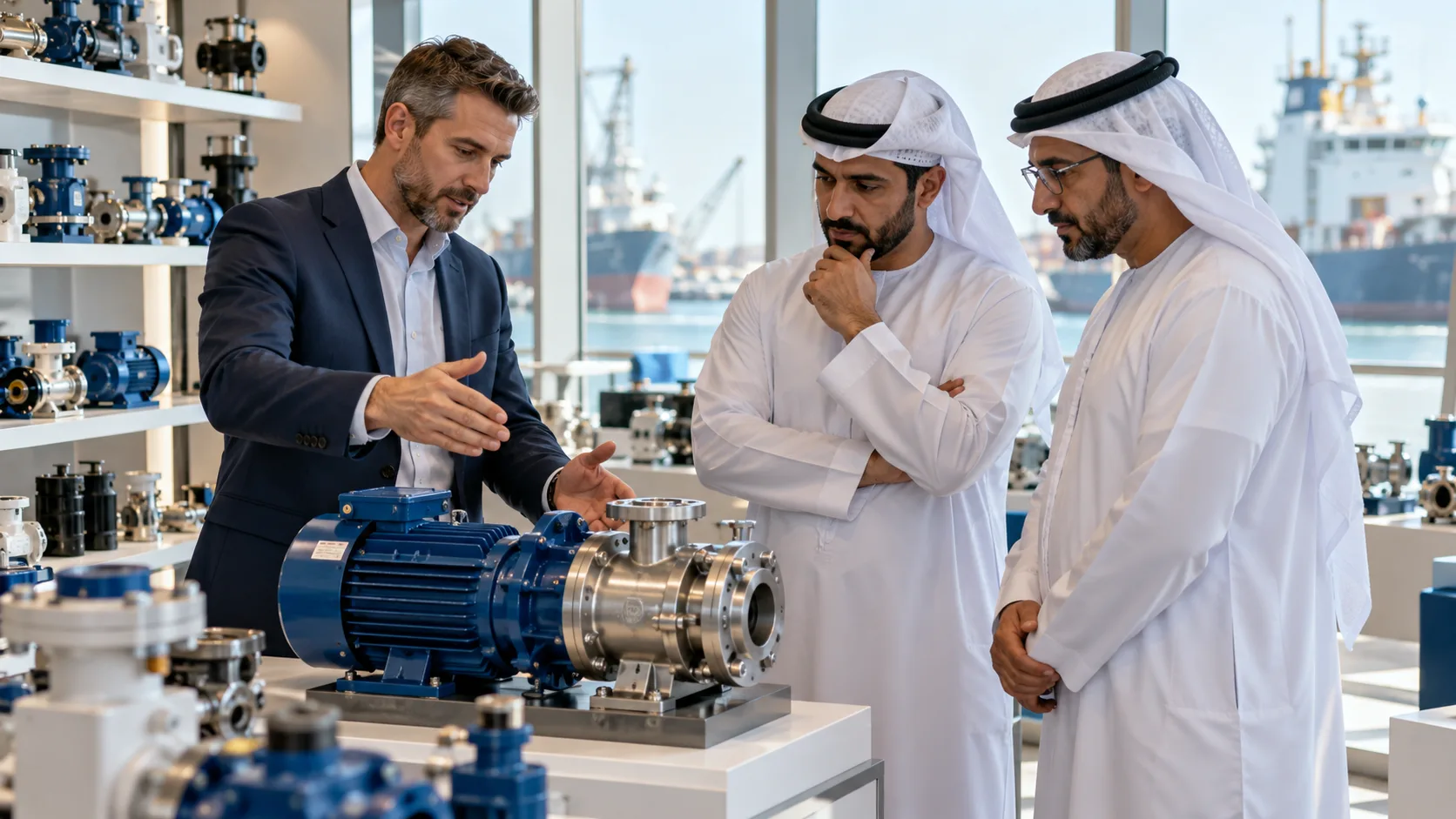 Consultant presenting a marine pump to two Emirati clients in a showroom