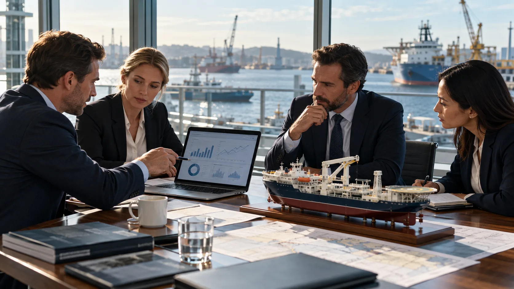 Advisory team reviewing market charts beside a vessel model in a harbour-view meeting room