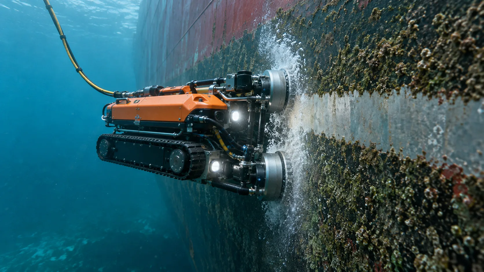 Underwater ROV cleaning marine growth from a ship's hull using cavitation jets