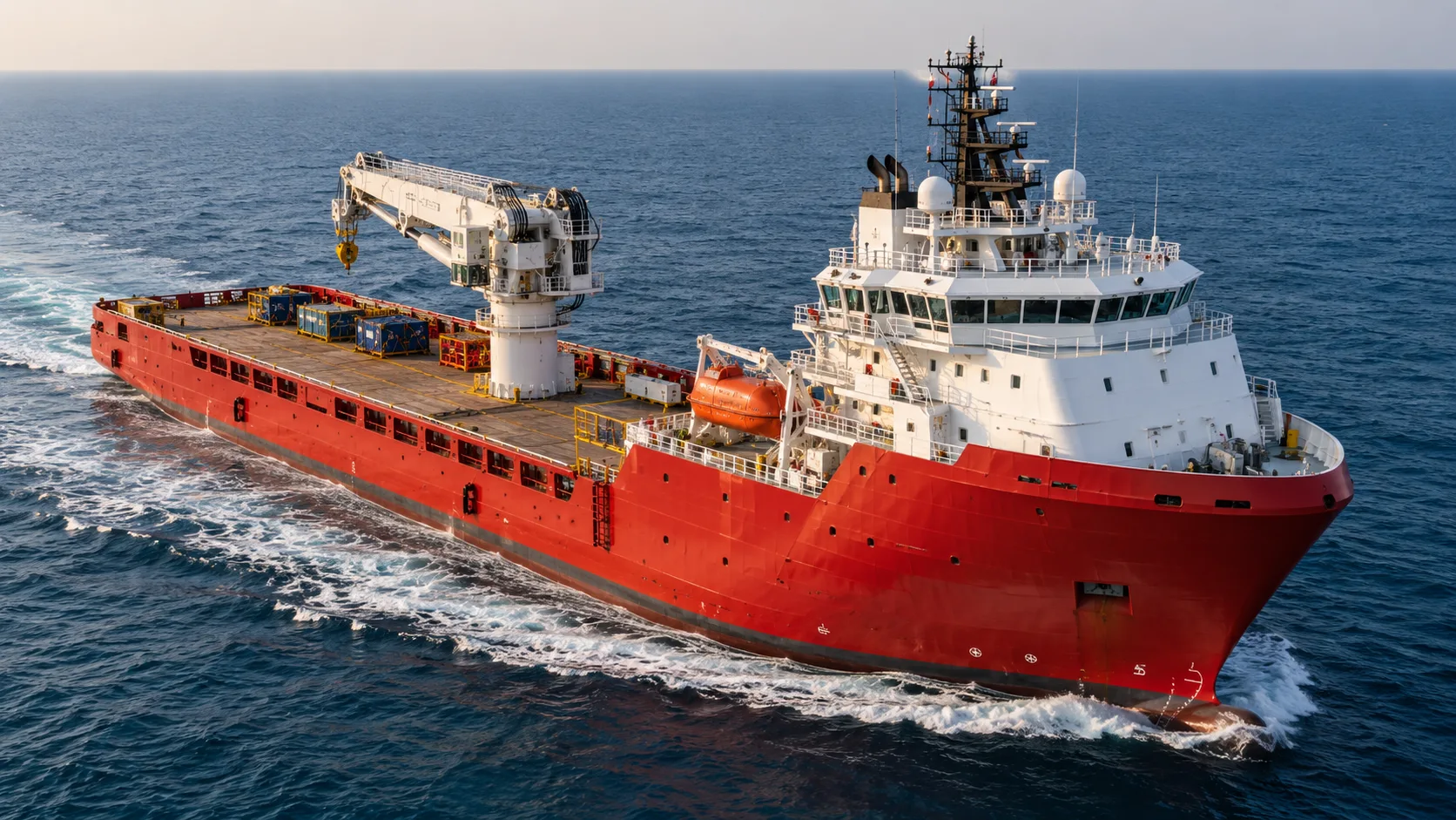 Red and white multi-purpose support vessel with deck crane at sea